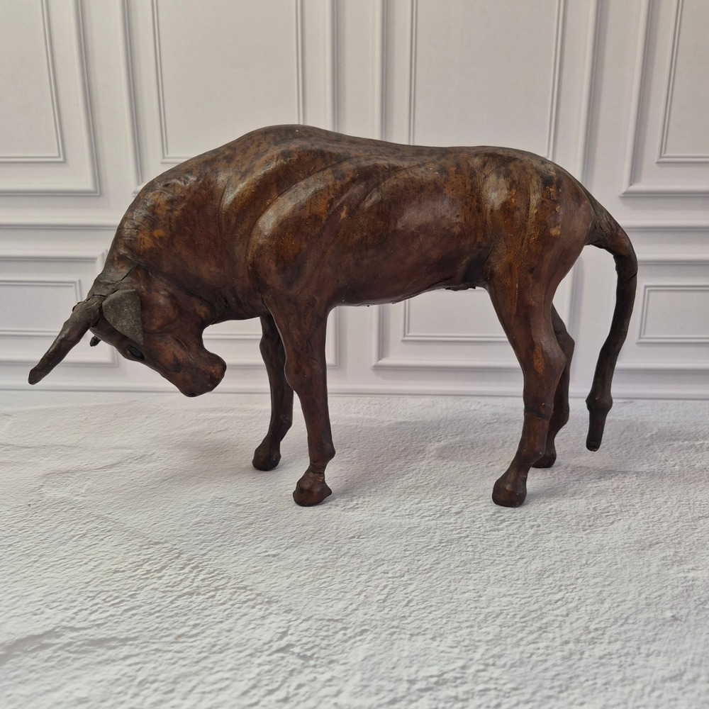 Vintage Handmade Leather Bull Sculpture Western Art Animal Figure 16" Long